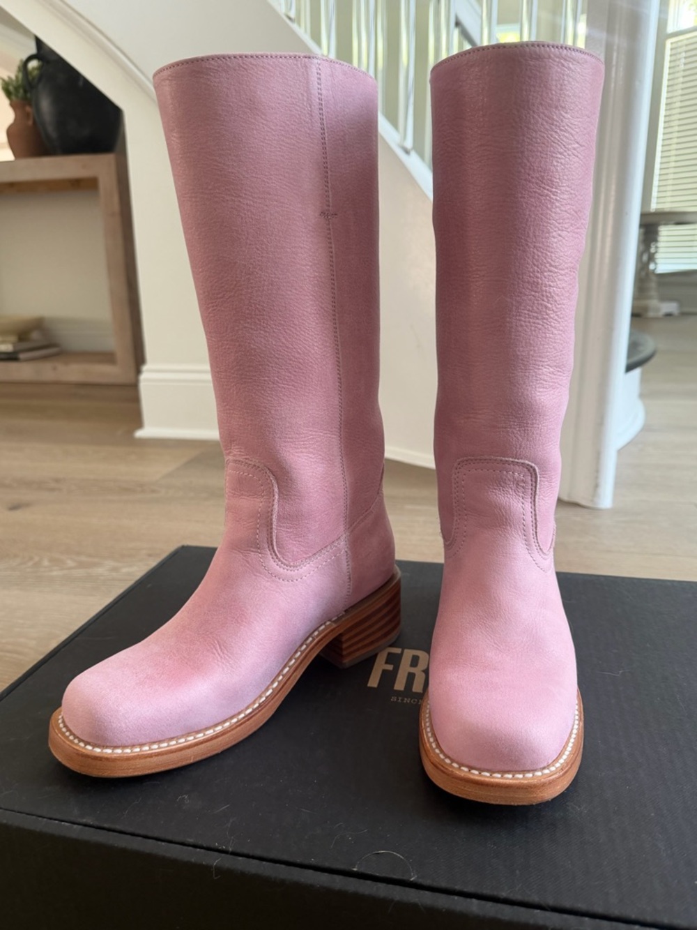 Frye Pink Leather Mid-Calf Stacked Heel Boots - Picture 7 of 8